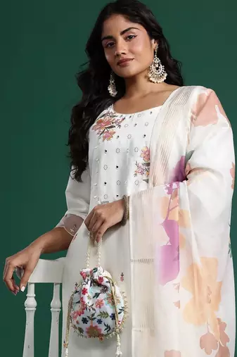 Plus Size Embroidered Regular Mirror Work Kurta with Trousers & With Dupatta