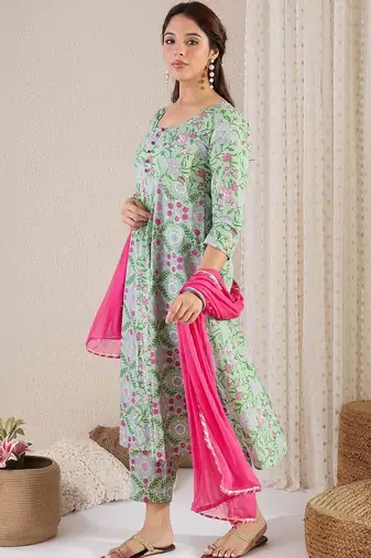 Women Floral Printed Regular Pure Cotton Kurta with Trousers & With Dupatta