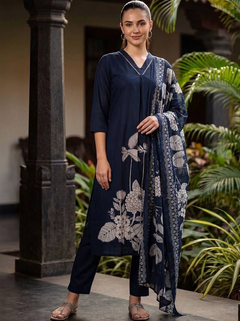 Women Floral Printed Regular Pure Cotton Kurta with Trousers & With Dupatta