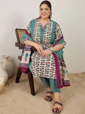 Plus Size Multi Printed A-Line Kurta Trousers With Dupatta Set 1