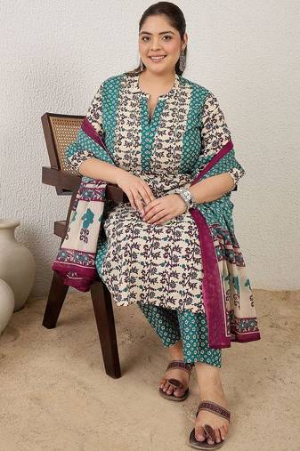 Plus Size Multi Printed A-Line Kurta Trousers With Dupatta Set