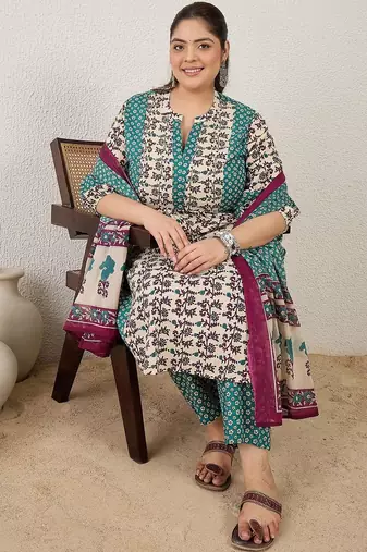 Plus Size Multi Printed A-Line Kurta Trousers With Dupatta Set