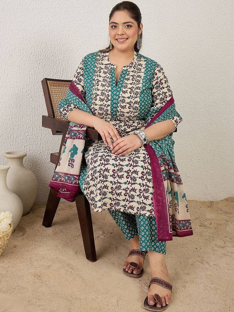 Plus Size Multi Printed A-Line Kurta Trousers With Dupatta Set