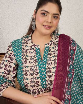 Plus Size Multi Printed A-Line Kurta Trousers With Dupatta Set 2