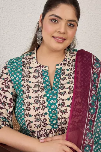 Plus Size Multi Printed A-Line Kurta Trousers With Dupatta Set