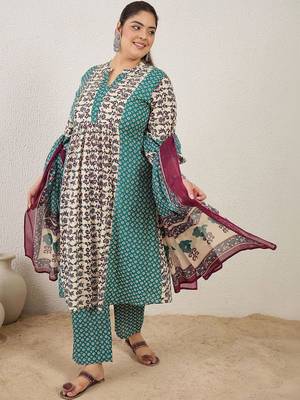 Plus Size Multi Printed A-Line Kurta Trousers With Dupatta Set 3