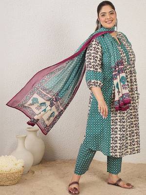 Plus Size Multi Printed A-Line Kurta Trousers With Dupatta Set 4