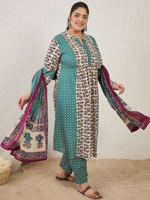 Plus Size Multi Printed A-Line Kurta Trousers With Dupatta Set 5