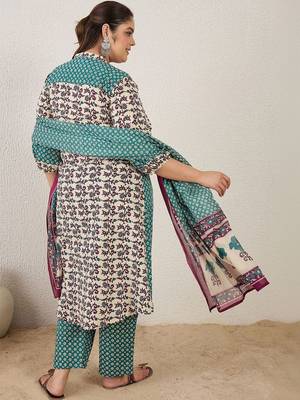 Plus Size Multi Printed A-Line Kurta Trousers With Dupatta Set 6