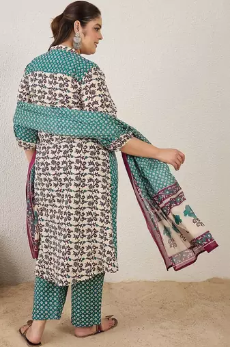 Plus Size Multi Printed A-Line Kurta Trousers With Dupatta Set
