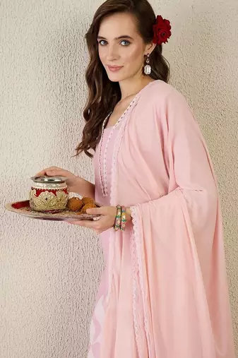 Women Ethnic Motifs Printed Regular Linen Kurta with Trousers & With Dupatta