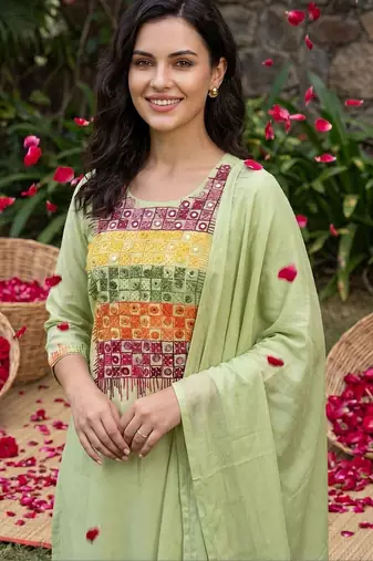 Women Ethnic Motifs Embroidered Regular Mirror Work Kurta with Trousers & With Dupatta