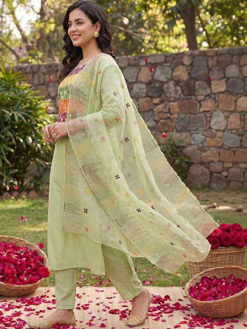Women Ethnic Motifs Embroidered Regular Mirror Work Kurta with Trousers & With Dupatta