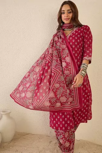 Women Ethnic Motifs Printed Regular Beads and Stones Pure Cotton Kurta with Patiala & With Dupatta