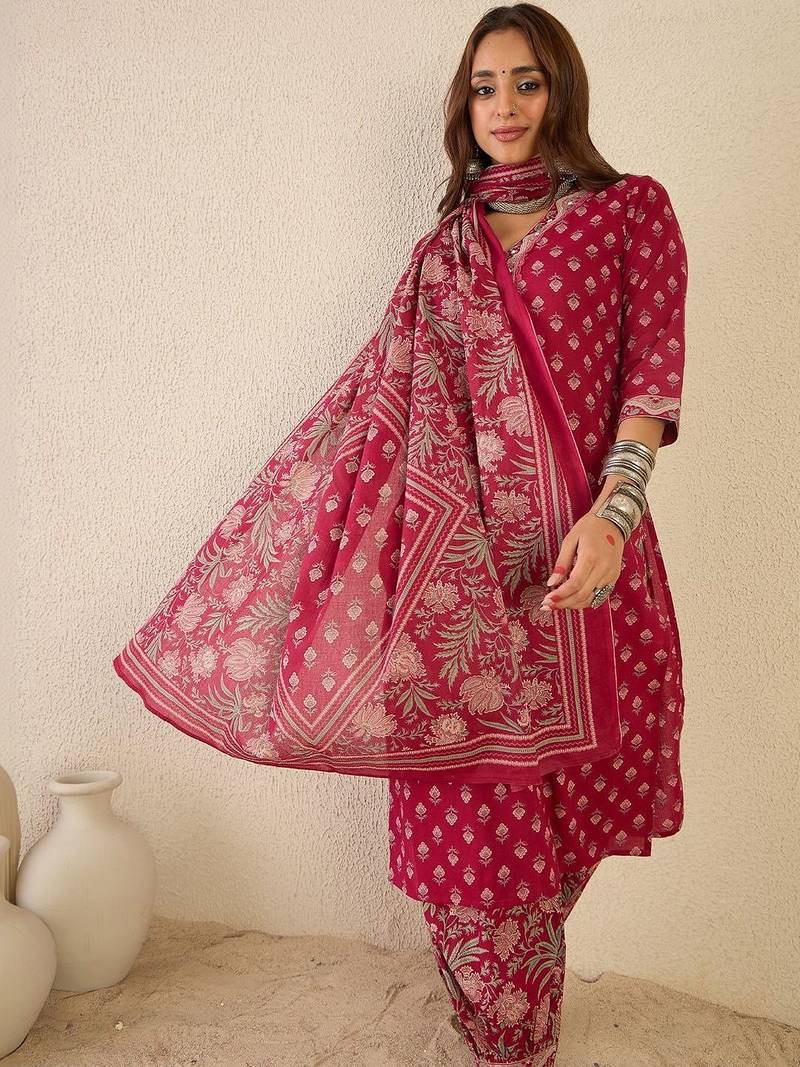 Women Ethnic Motifs Printed Regular Beads and Stones Pure Cotton Kurta with Patiala & With Dupatta