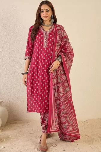 Women Ethnic Motifs Printed Regular Beads and Stones Pure Cotton Kurta with Patiala & With Dupatta