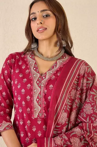 Women Ethnic Motifs Printed Regular Beads and Stones Pure Cotton Kurta with Patiala & With Dupatta
