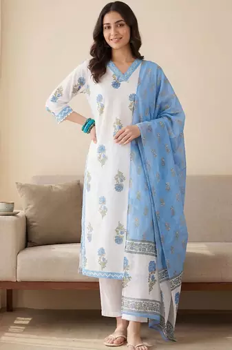 Women Floral Printed Regular Pure Cotton Kurta with Trousers & With Dupatta