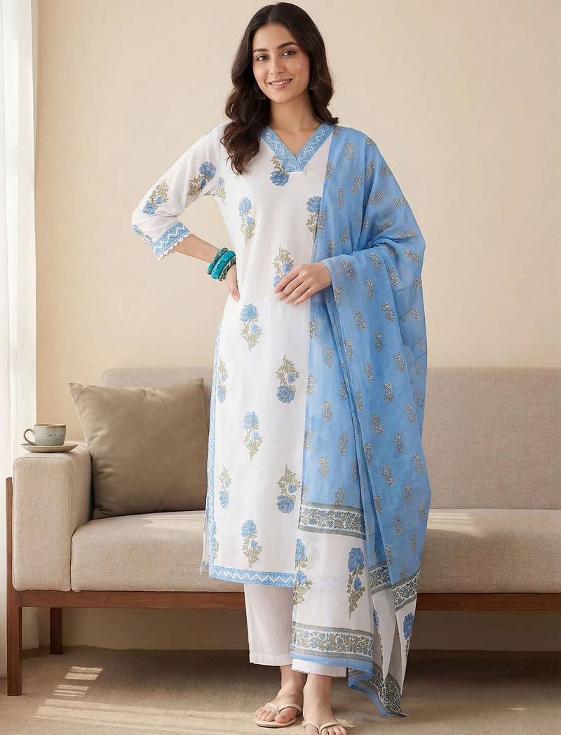 Women Floral Printed Regular Pure Cotton Kurta with Trousers & With Dupatta