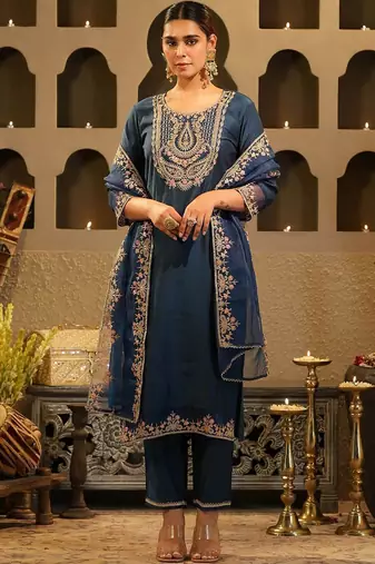 Women Embroidered Regular Kurta with Trousers & Dupatta