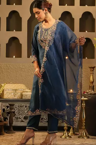 Women Embroidered Regular Kurta with Trousers & Dupatta