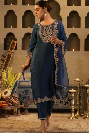Women Embroidered Regular Kurta with Trousers & Dupatta