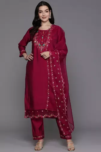 Floral Embroidered Regular Thread Work Kurta with Trousers & Dupatta