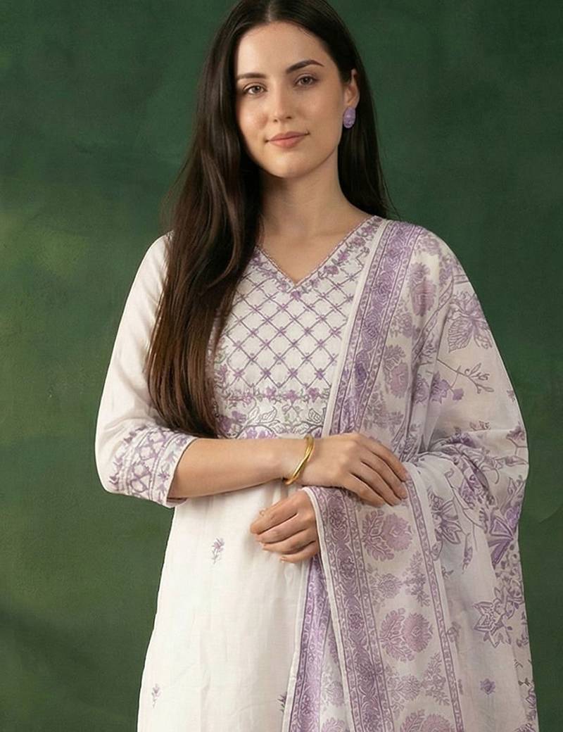 Women Ethnic Motifs Embroidered Regular Thread Work Pure Cotton Kurta with Trousers & With Dupatta