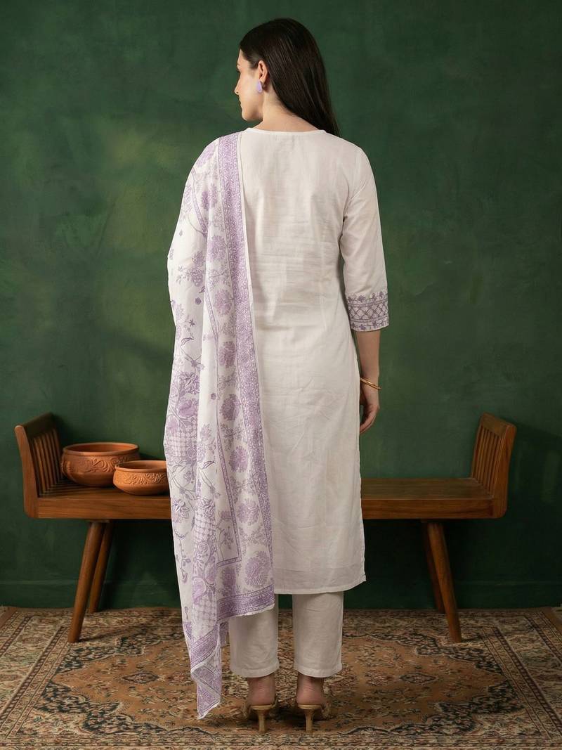 Women Ethnic Motifs Embroidered Regular Thread Work Pure Cotton Kurta with Trousers & With Dupatta