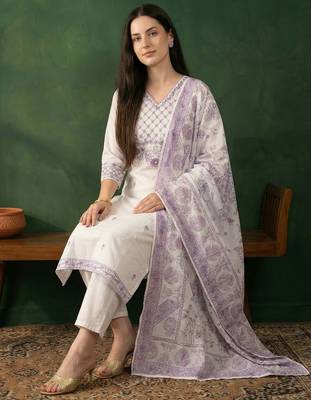 Women Ethnic Motifs Embroidered Regular Thread Work Pure Cotton Kurta with Trousers & With Dupatta 6