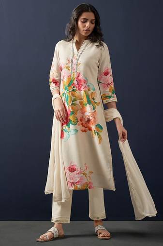 Mandarin Collar Floral Printed Beads and Stones Kurta with Trouser & Dupatta