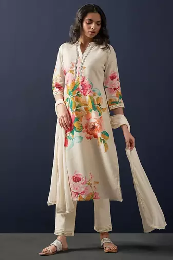 Mandarin Collar Floral Printed Beads and Stones Kurta with Trouser & Dupatta
