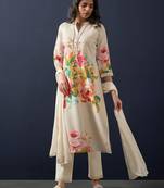 Mandarin Collar Floral Printed Beads and Stones Kurta with Trouser & Dupatta