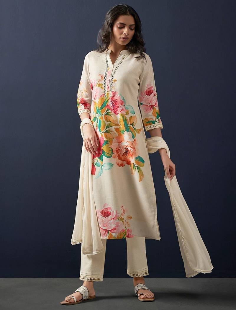 Mandarin Collar Floral Printed Beads and Stones Kurta with Trouser & Dupatta