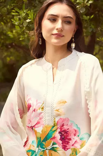 Mandarin Collar Floral Printed Beads and Stones Kurta with Trouser & Dupatta