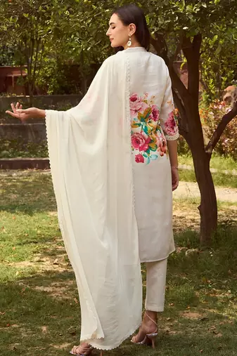 Mandarin Collar Floral Printed Beads and Stones Kurta with Trouser & Dupatta