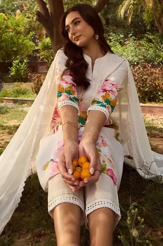 Mandarin Collar Floral Printed Beads and Stones Kurta with Trouser & Dupatta