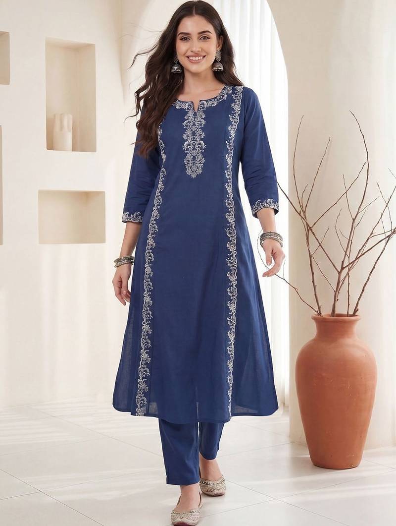 Women Ethnic Motifs Embroidered Regular Thread Work Pure Cotton Kurta with Trousers