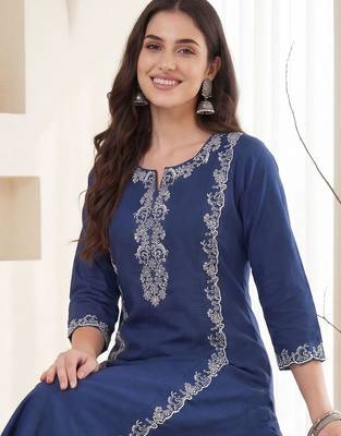 Women Ethnic Motifs Embroidered Regular Thread Work Pure Cotton Kurta with Trousers 5