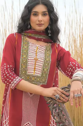 Women Ethnic Motifs Printed Regular Mirror Work Pure Cotton Kurta with Trousers & With Dupatta