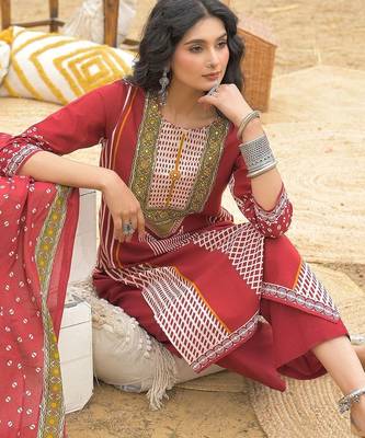 Women Ethnic Motifs Printed Regular Mirror Work Pure Cotton Kurta with Trousers & With Dupatta 4