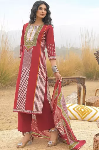 Women Ethnic Motifs Printed Regular Mirror Work Pure Cotton Kurta with Trousers & With Dupatta