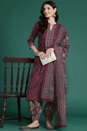 Floral Printed  Cotton Kurta With Salwar & Dupatta