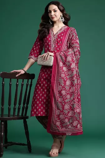 Women Floral Printed Regular Pure Cotton Kurta with Salwar & With Dupatta