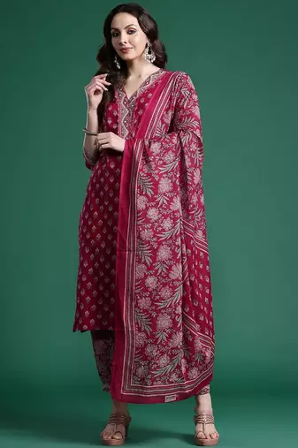 Women Floral Printed Regular Pure Cotton Kurta with Salwar & With Dupatta