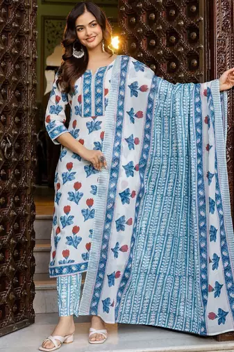 Women Floral Printed Regular Pure Cotton Kurta with Trousers & With Dupatta
