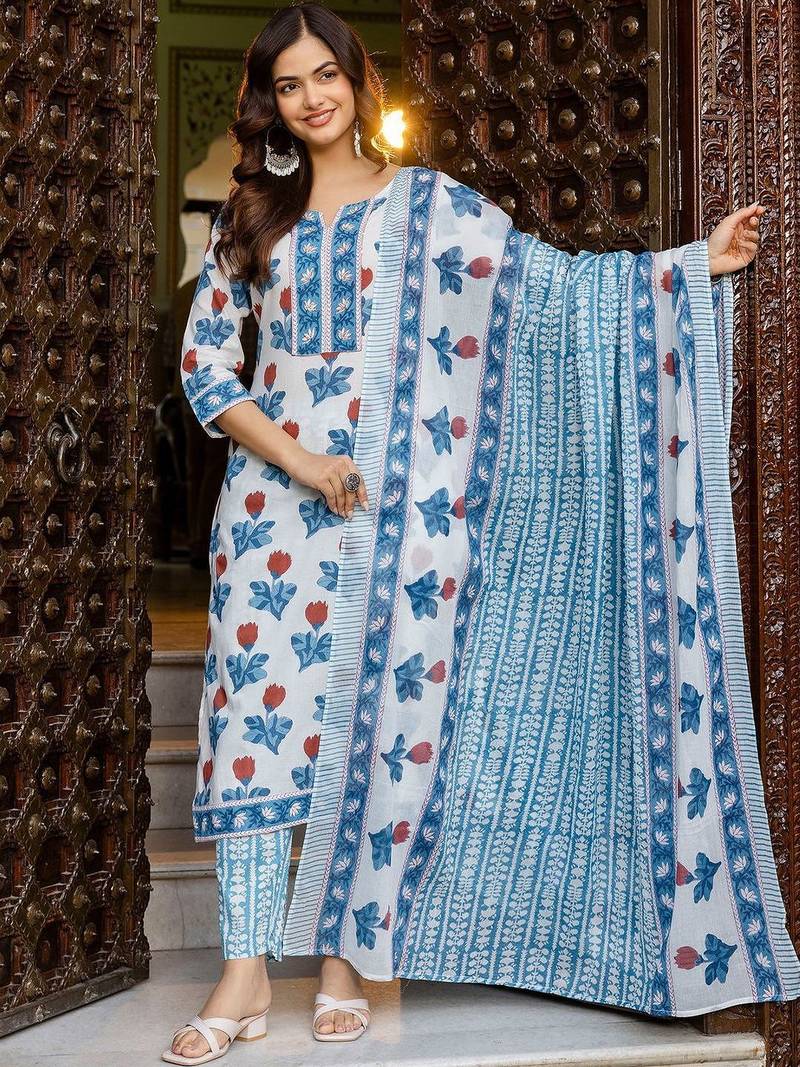 Women Floral Printed Regular Pure Cotton Kurta with Trousers & With Dupatta