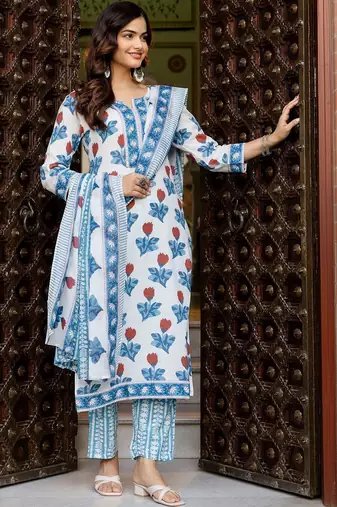 Women Floral Printed Regular Pure Cotton Kurta with Trousers & With Dupatta