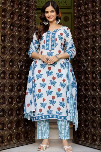 Women Floral Printed Regular Pure Cotton Kurta with Trousers & With Dupatta