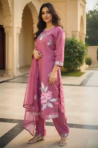 Floral Embroidered Thread Work Straight Kurta With Trousers & Dupatta